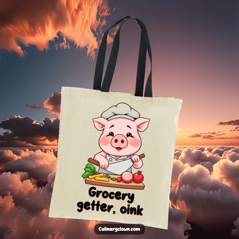 Funny Pig Chef Tote Bag: A smiling pig chef intently chops vegetables, ready for grocery trips or carrying kitchen essentials.