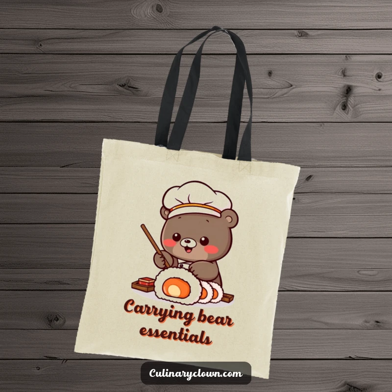 Funny Tote Bag with a Kawaii bear sushi chef rolling a giant sushi roll, perfect for carrying groceries or sushi with a playful design.