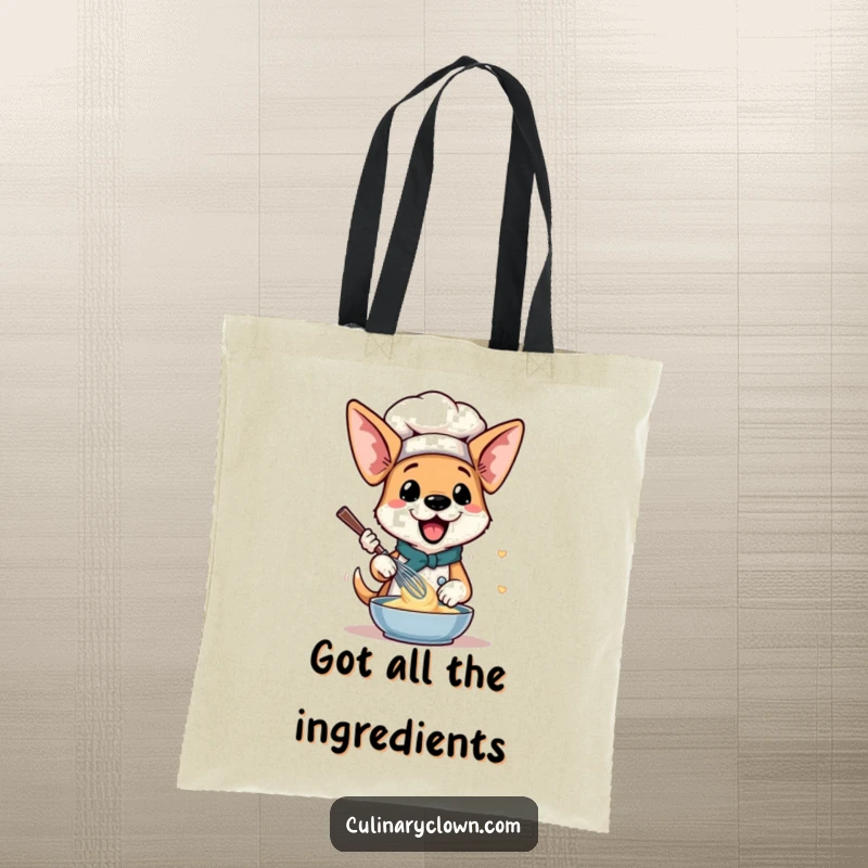 Funny Dog Chef Tote Bag: A happy dog with floppy ears whisking batter, a fun accessory for bakers.