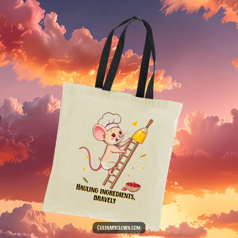 Funny mouse chef tote bag showing a brave mouse climbing a ladder to get spices, great for shopping humor.