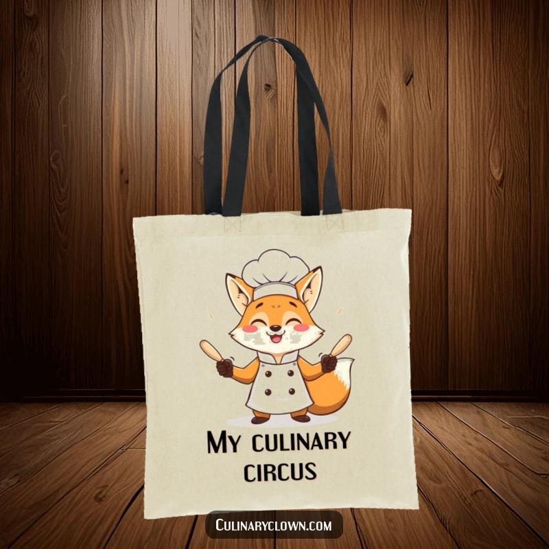 Funny fox chef juggling rolling pins with a grin, a practical and humorous tote.