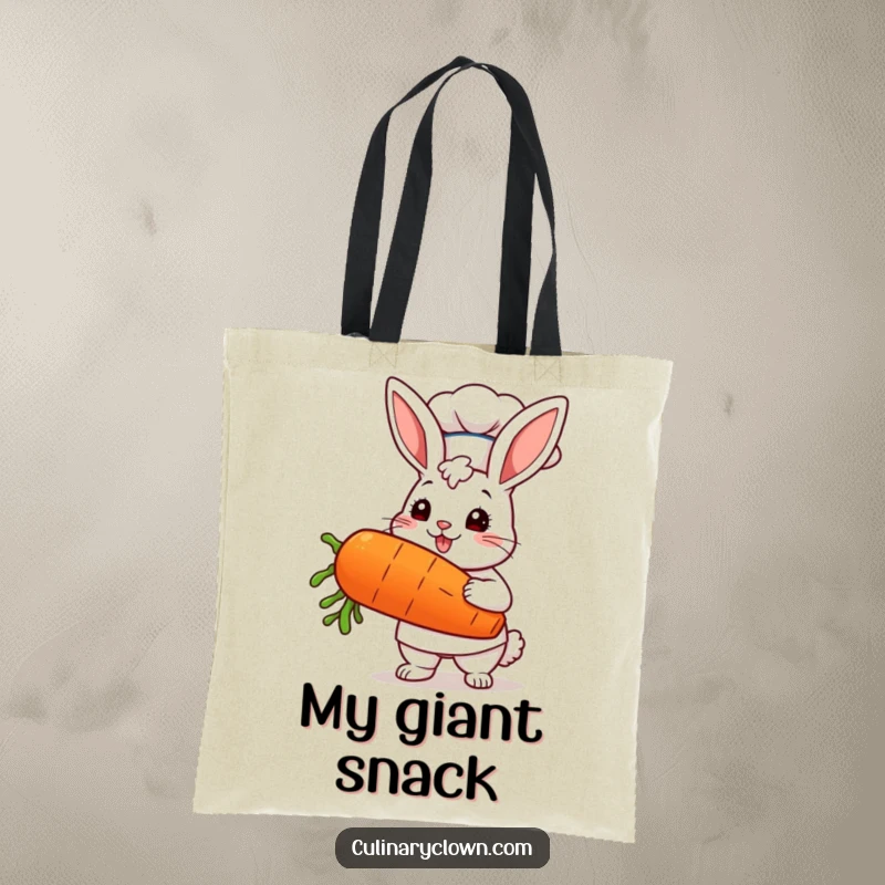 Funny kawaii bunny chef with a chef hat triumphantly holding an oversized carrot, printed on a durable tote bag.