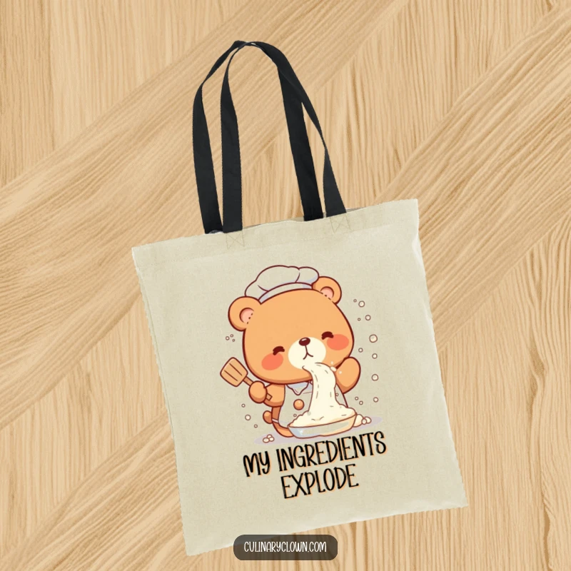 Funny Tote Bag with a cute kawaii bear chef in a comical flour spray, a charming and practical accessory for kitchen enthusiasts.