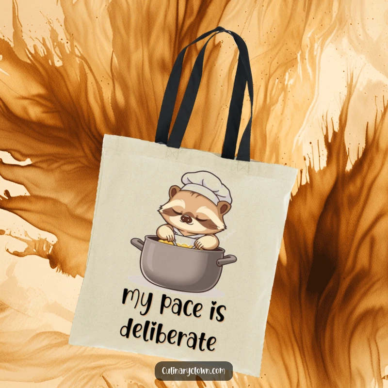 Funny sloth chef tote bag showing a sleepy sloth wearing a chef's hat, gently stirring a large, simmering pot with a relaxed demeanor.