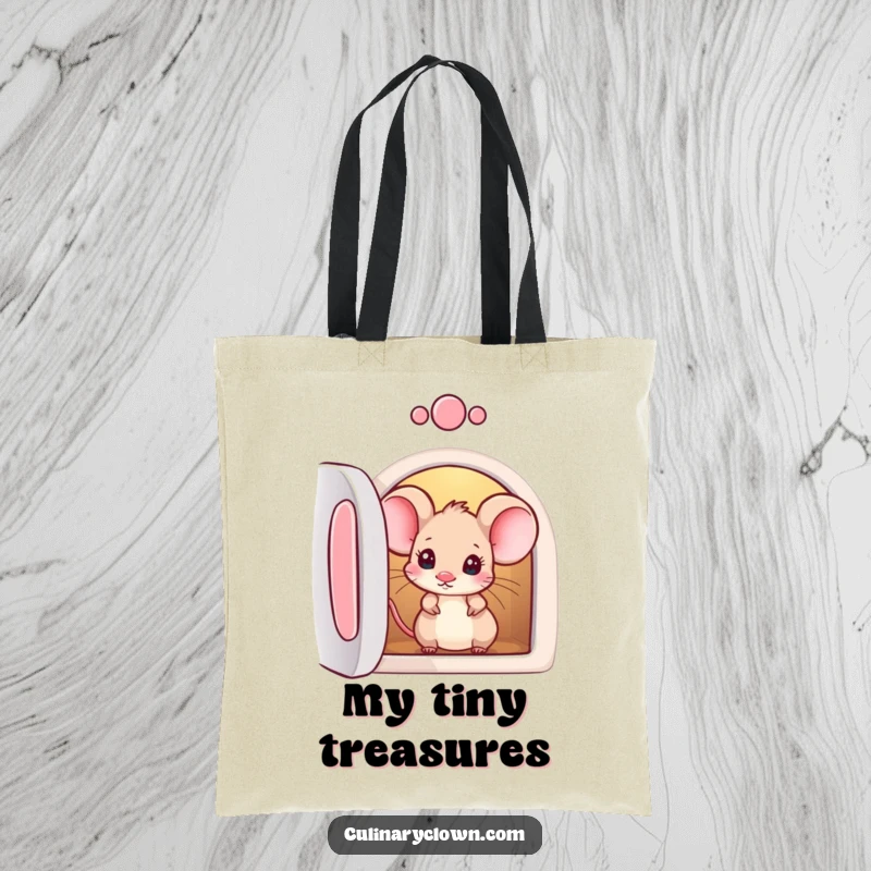 Funny tote bag with a curious mouse character peeking into an oven, ready for kitchen adventures.