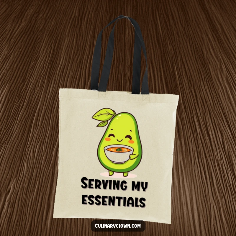 Funny Tote Bag with a happy avocado serving a tiny soup bowl with flair, perfect for carrying healthy essentials with style.