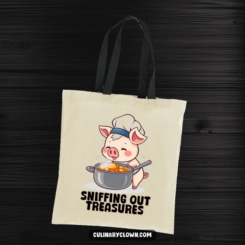 Funny Kawaii Pig Chef Tote Bag: Cute pig chef sniffing stew, ideal for carrying market finds.