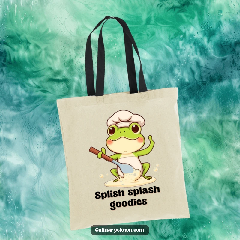 Funny Kawaii Frog Chef Tote Bag: Cute frog chef splashing batter, ideal for carrying baking essentials.